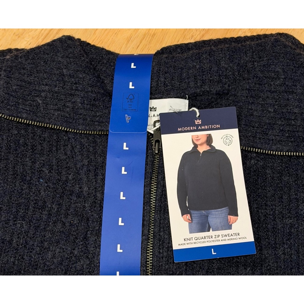 Modern Ambition Women Navy Blue Merino Wool Blend Knit Quarter Zip Sweater L NEW